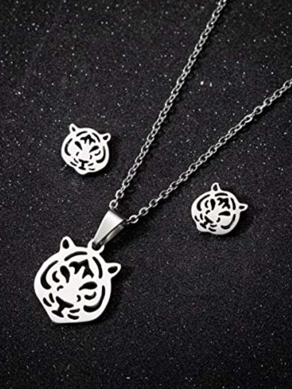 New - 2Pairs Tiger Head Stud Earrings Necklace Set for Women Cute